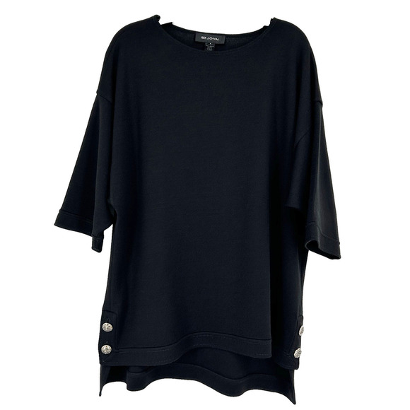 St John Black Tunic Sweater Wool Blend Buttons 3/4 Dolman Sleeves Size P - Picture 1 of 11
